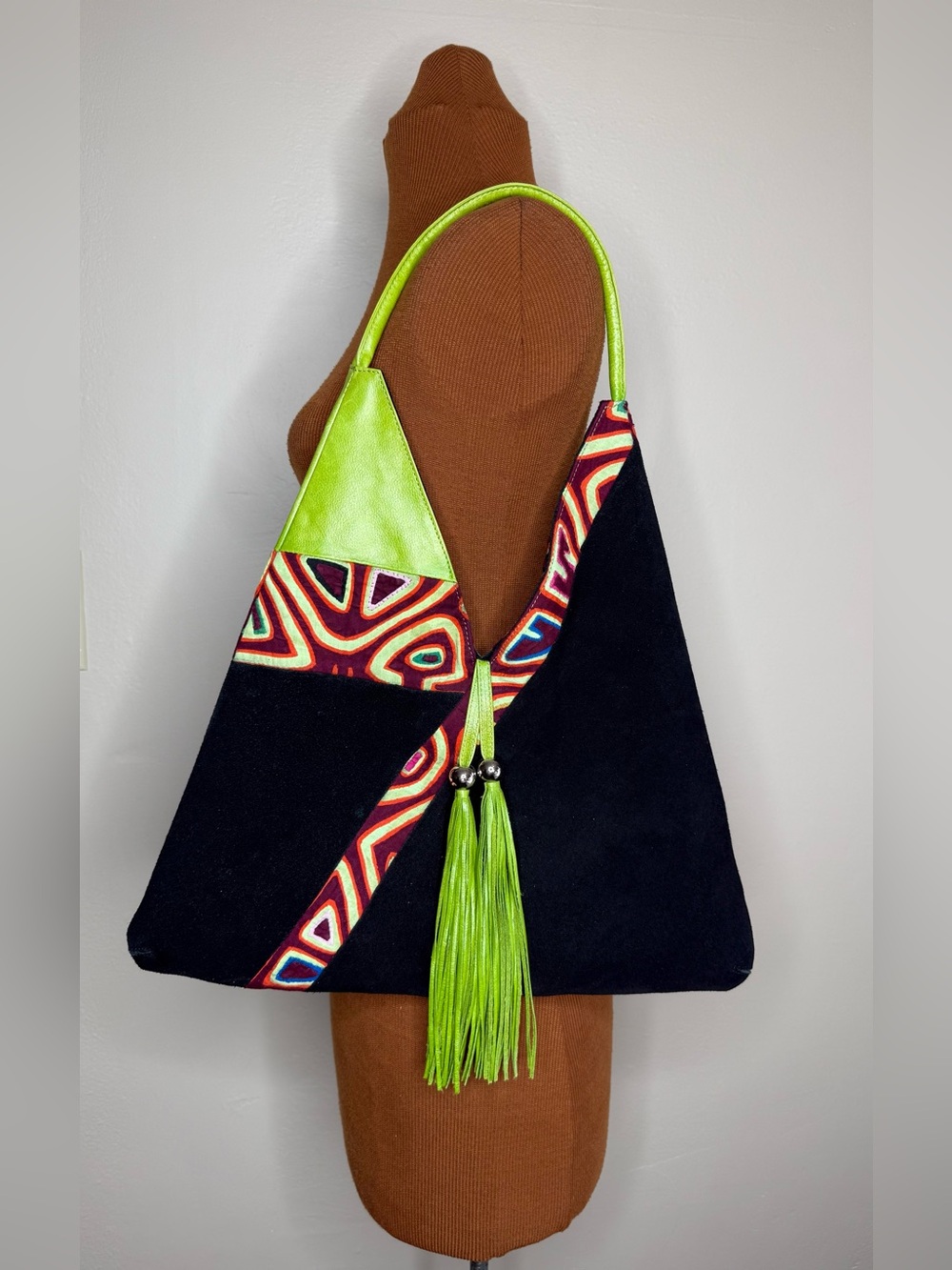 Tezari Leather Hobo Style Triangular Bag Geometric Print